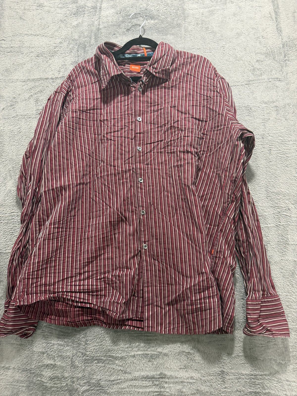 Boss Hugo Boss Mens XXXL Burgundy Striped Long Sleeve Button Up Dress Shirt