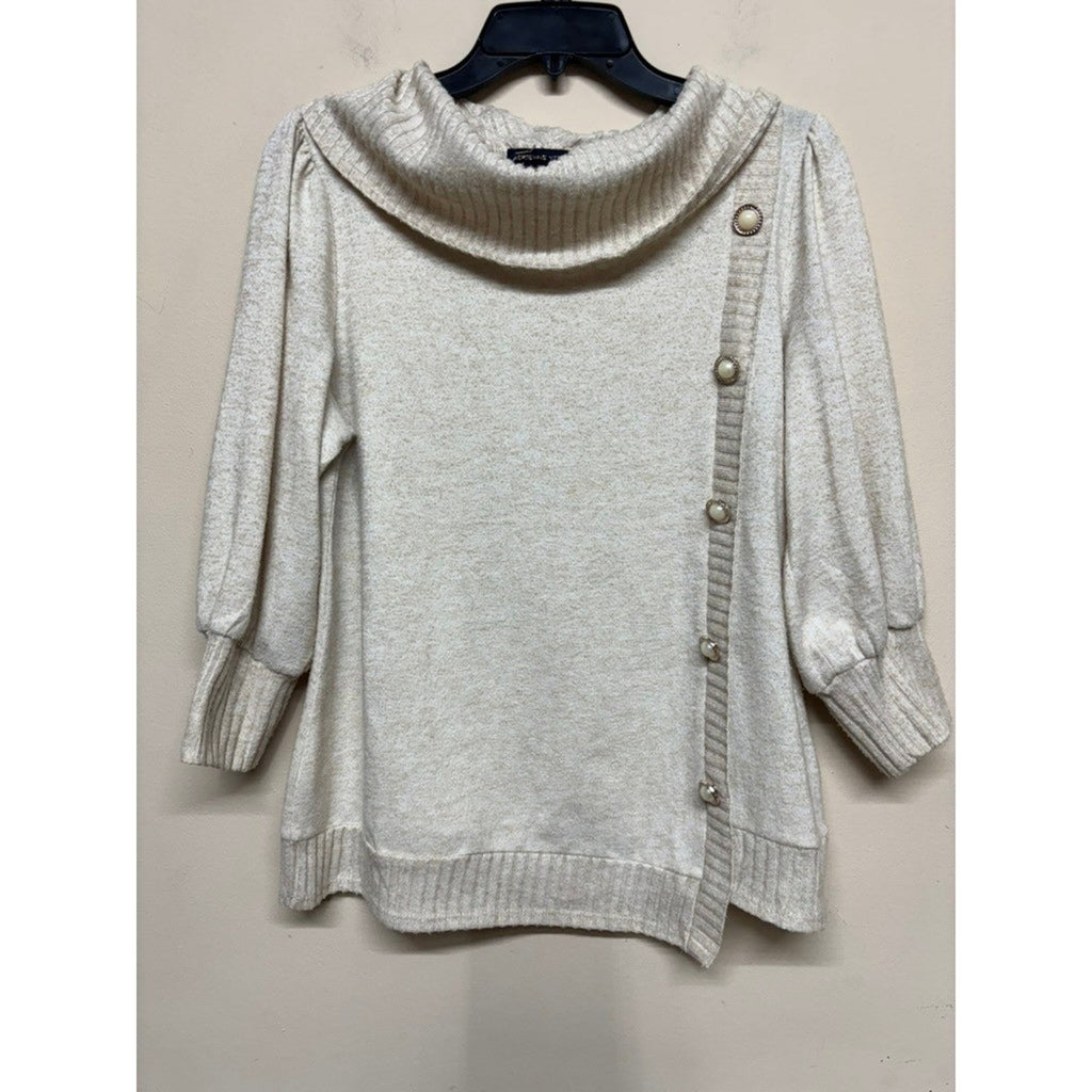 Adrienne Vittadini Cowl Neck Sweater Cream Button Detail Asym Hem Women's Large
