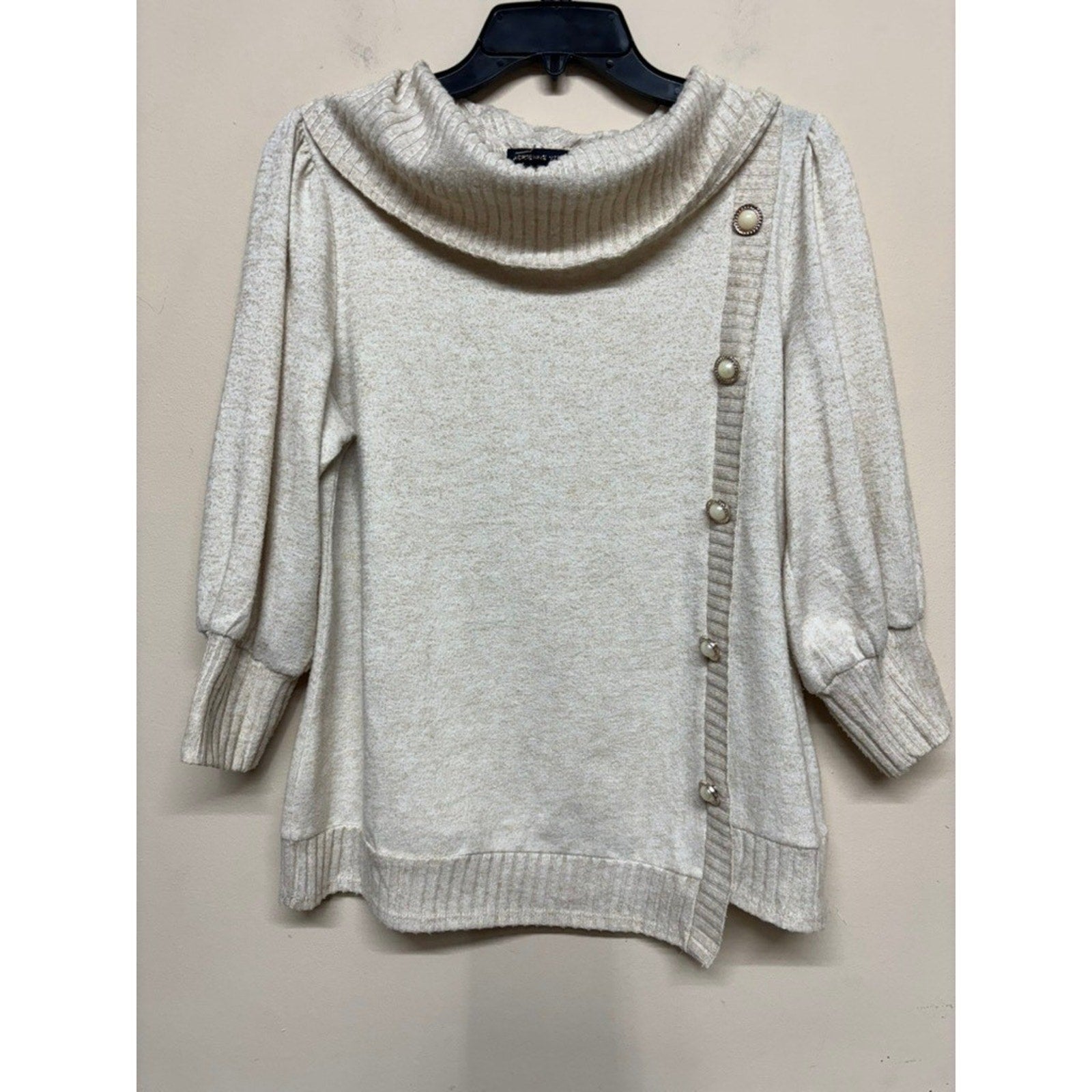 Adrienne Vittadini Cowl Neck Sweater Cream Button Detail Asym Hem Women's Large
