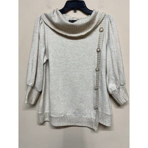 Adrienne Vittadini Cowl Neck Sweater Cream Button Detail Asym Hem Women's Large