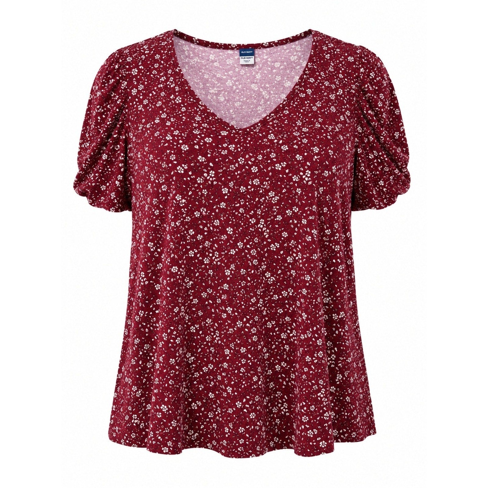 Old Navy Luxe Womens Large Burgundy Floral V-Neck Puff Short Sleeve Top Shirt