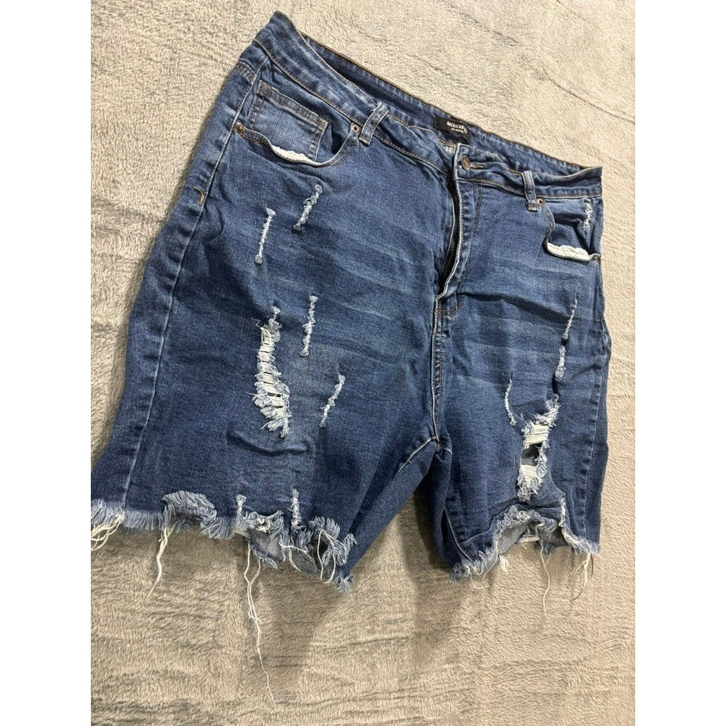 American Bazi Plus 2X Distressed Denim Shorts Medium Wash Raw Hem Stretch