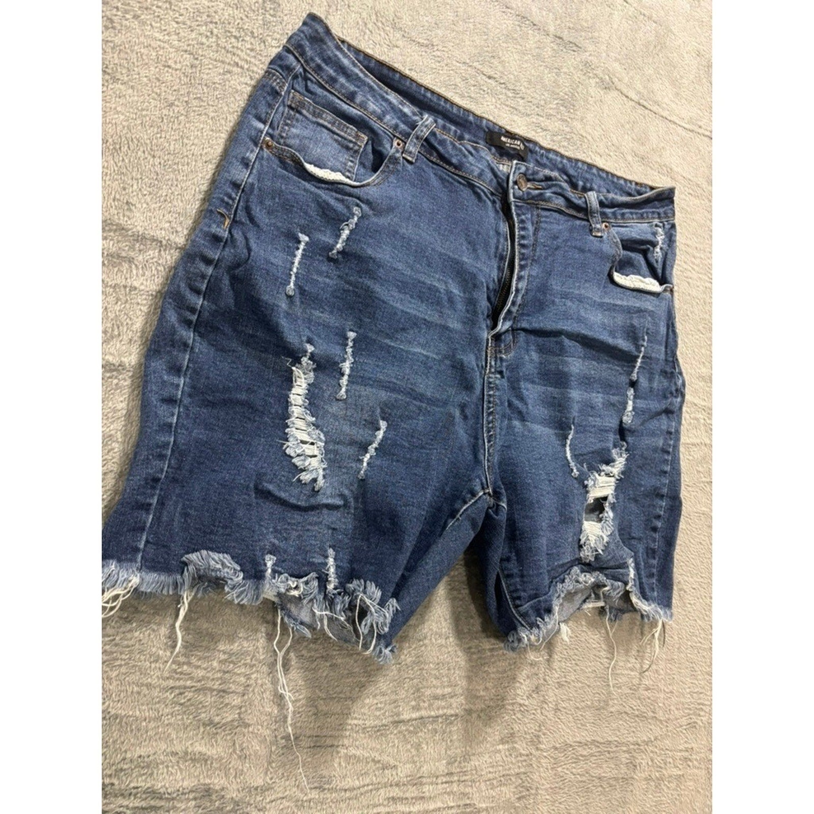American Bazi Plus 2X Distressed Denim Shorts Medium Wash Raw Hem Stretch