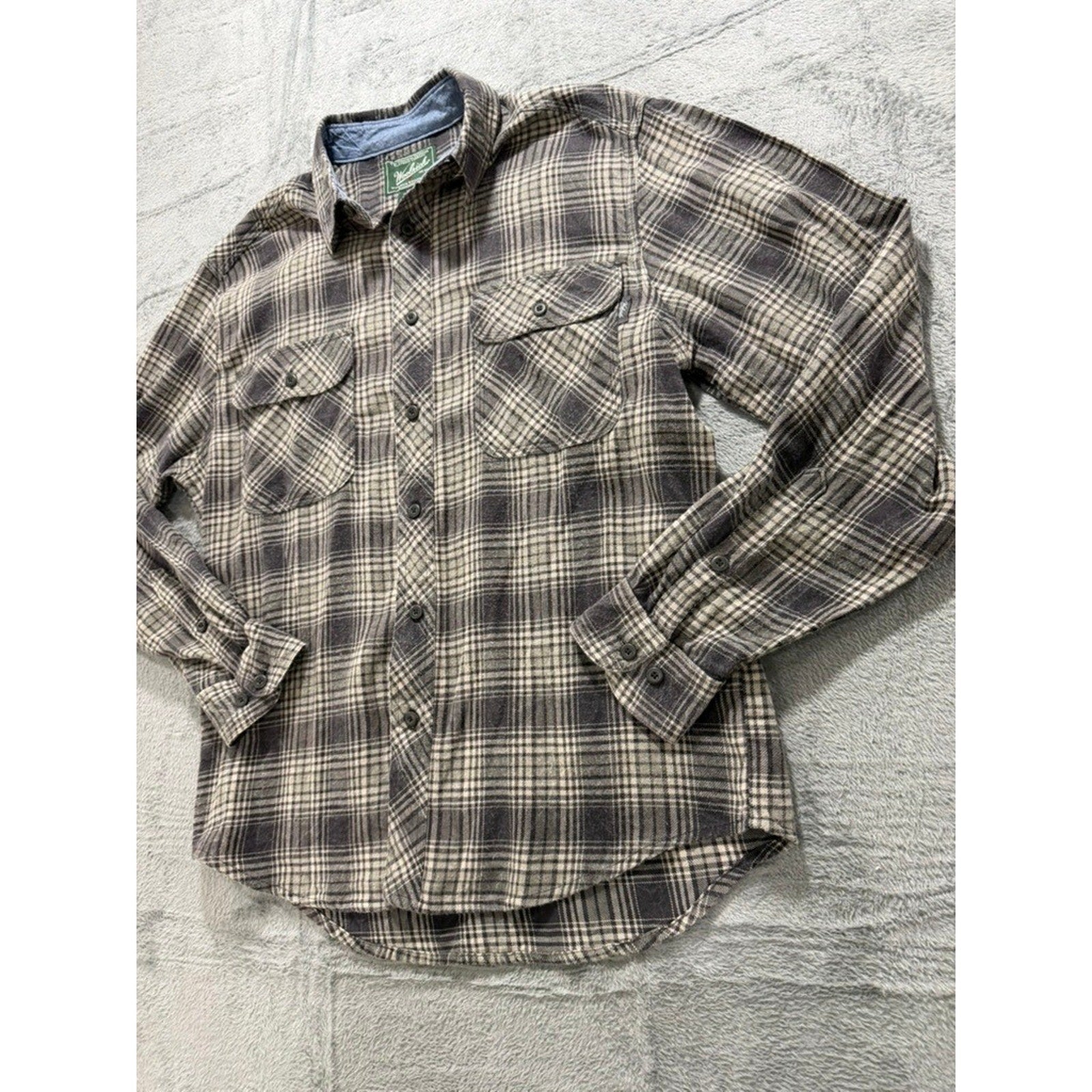 Woolrich Mens Grey Plaid Flannel Button Down Shirt Medium Long Sleeve Cotton