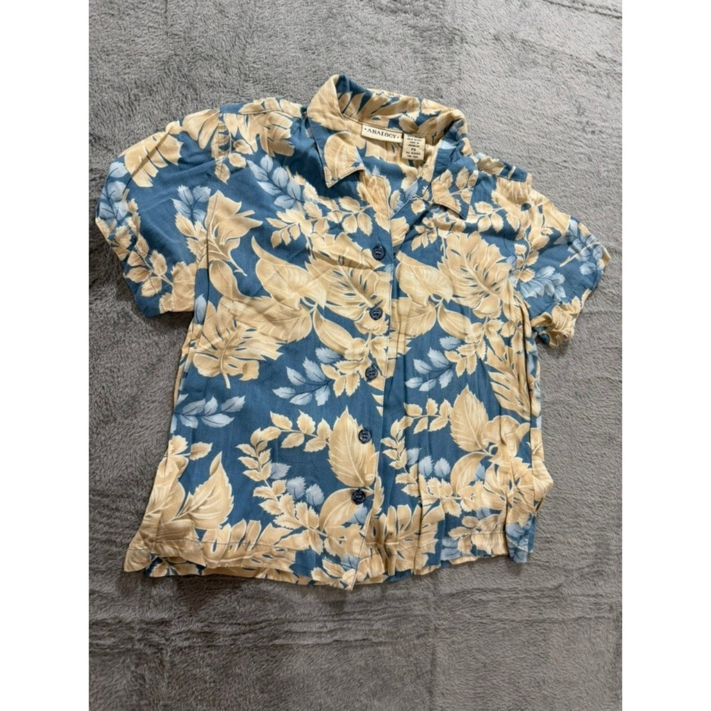 ANALOGY Button Up Shirt Womens PS Blue Beige Floral Hawaiian Tropical