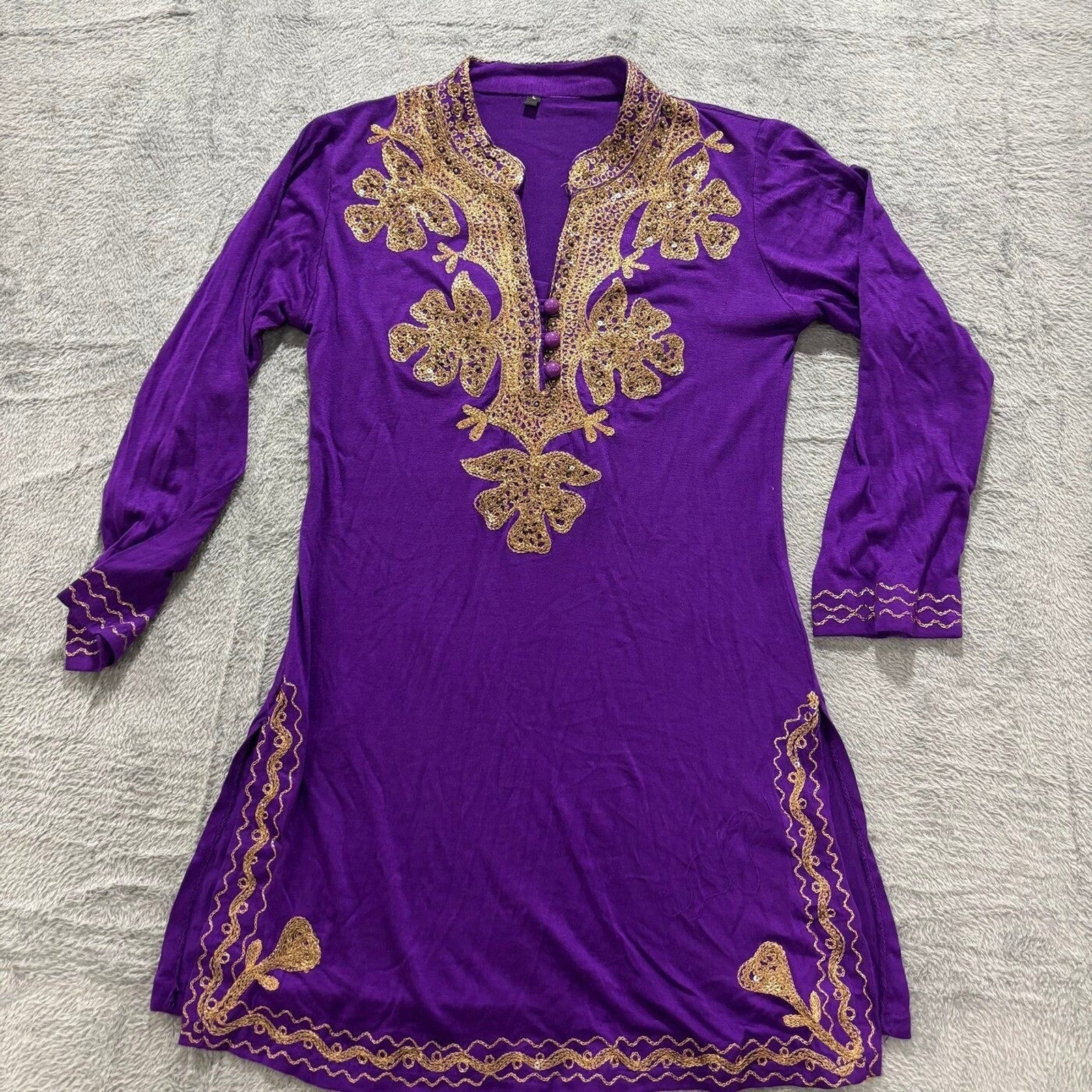 Womens L Purple Embroidered Gold Sequin Tunic Top Boho Festival Casual