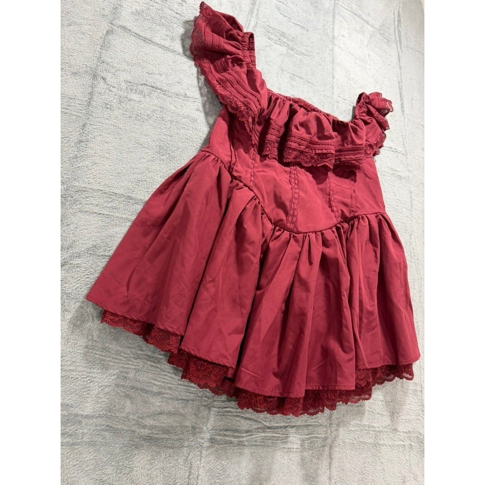 Burgundy Cottagecore Off Shoulder Lace Ruffle Mini Dress Smocked 4XL Wine Red
