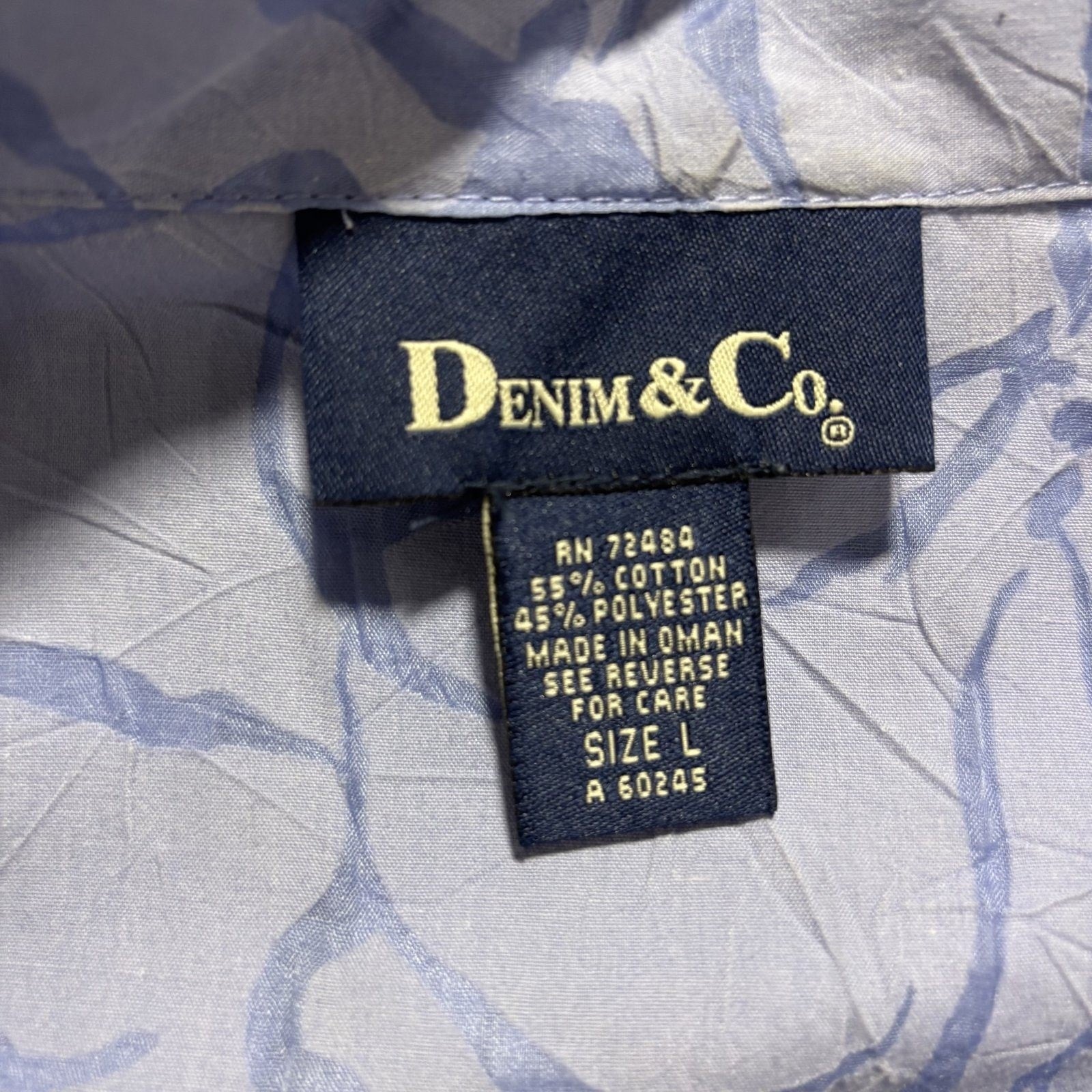 Denim & Co. L Blue Floral Button Down Shirt Womens Casual Coastal Vintage