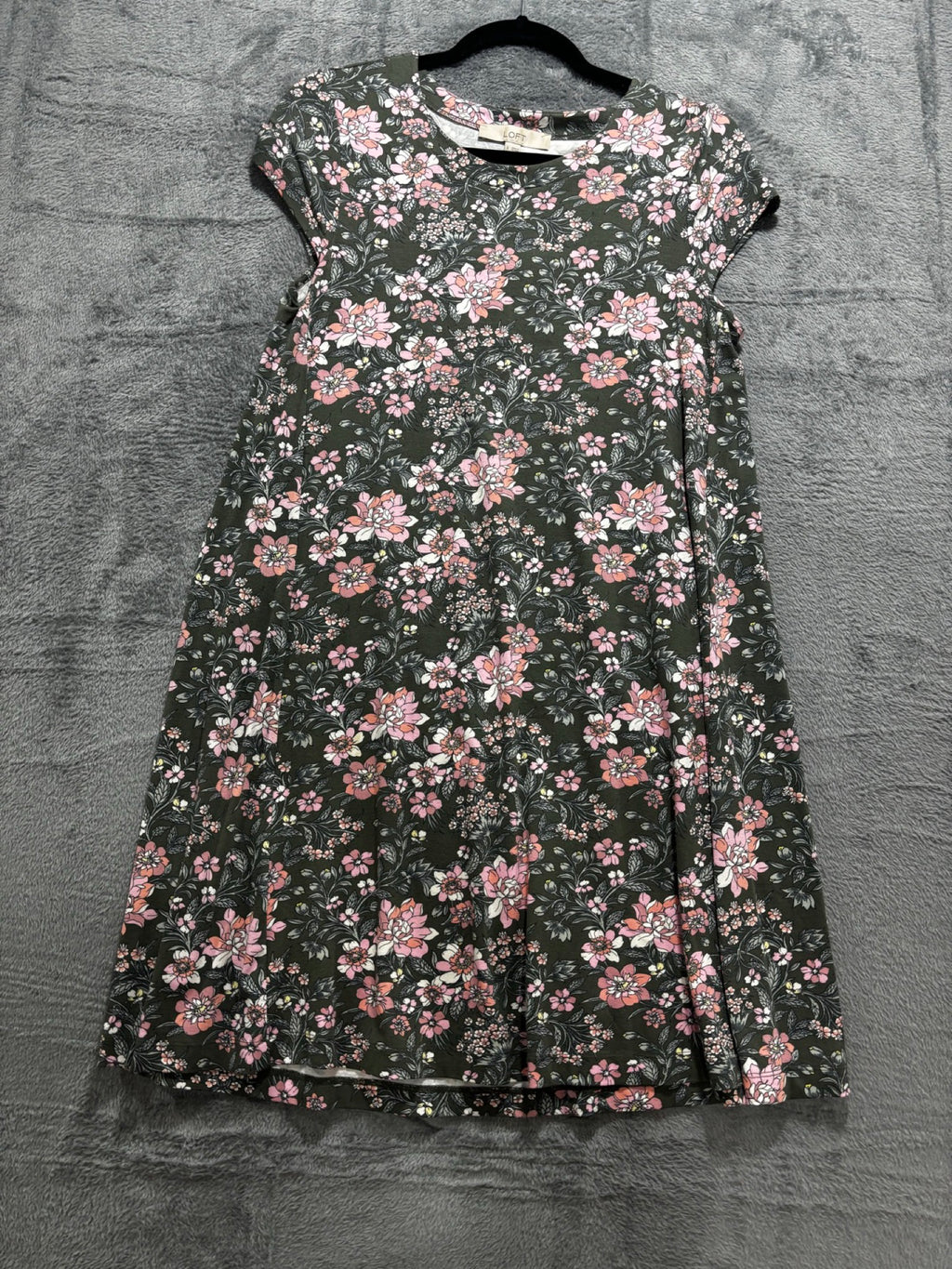 LOFT Womens S Green Pink Floral Short Sleeve Swing Mini Dress Boho Casual Cozy