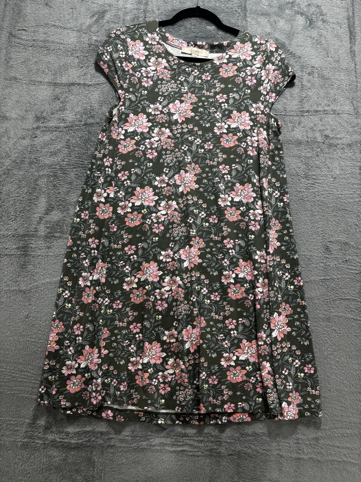 LOFT Womens S Green Pink Floral Short Sleeve Swing Mini Dress Boho Casual Cozy