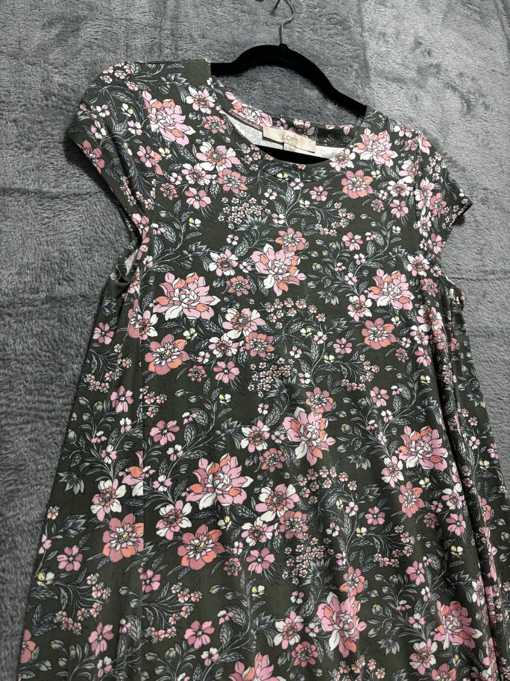 LOFT Womens S Green Pink Floral Short Sleeve Swing Mini Dress Boho Casual Cozy