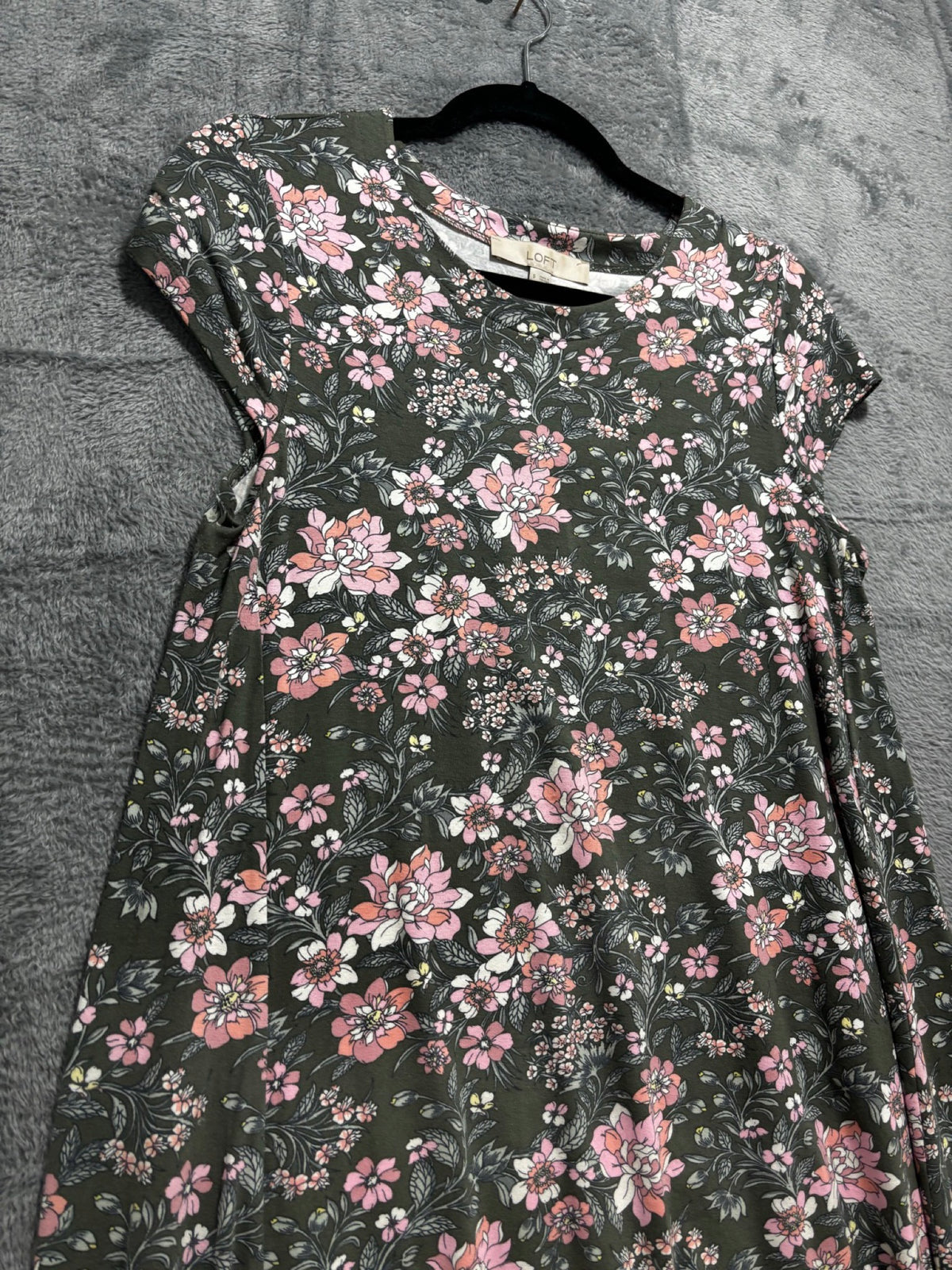 LOFT Womens S Green Pink Floral Short Sleeve Swing Mini Dress Boho Casual Cozy