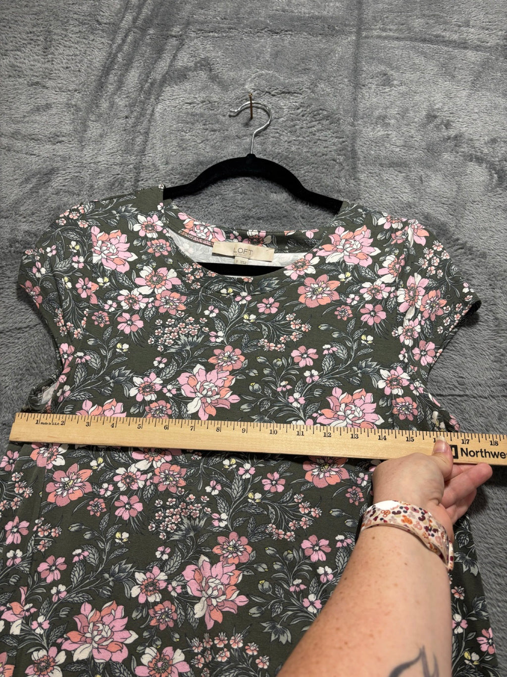 LOFT Womens S Green Pink Floral Short Sleeve Swing Mini Dress Boho Casual Cozy