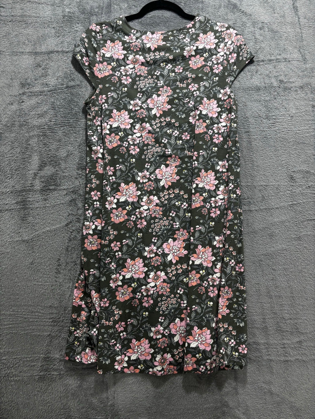 LOFT Womens S Green Pink Floral Short Sleeve Swing Mini Dress Boho Casual Cozy