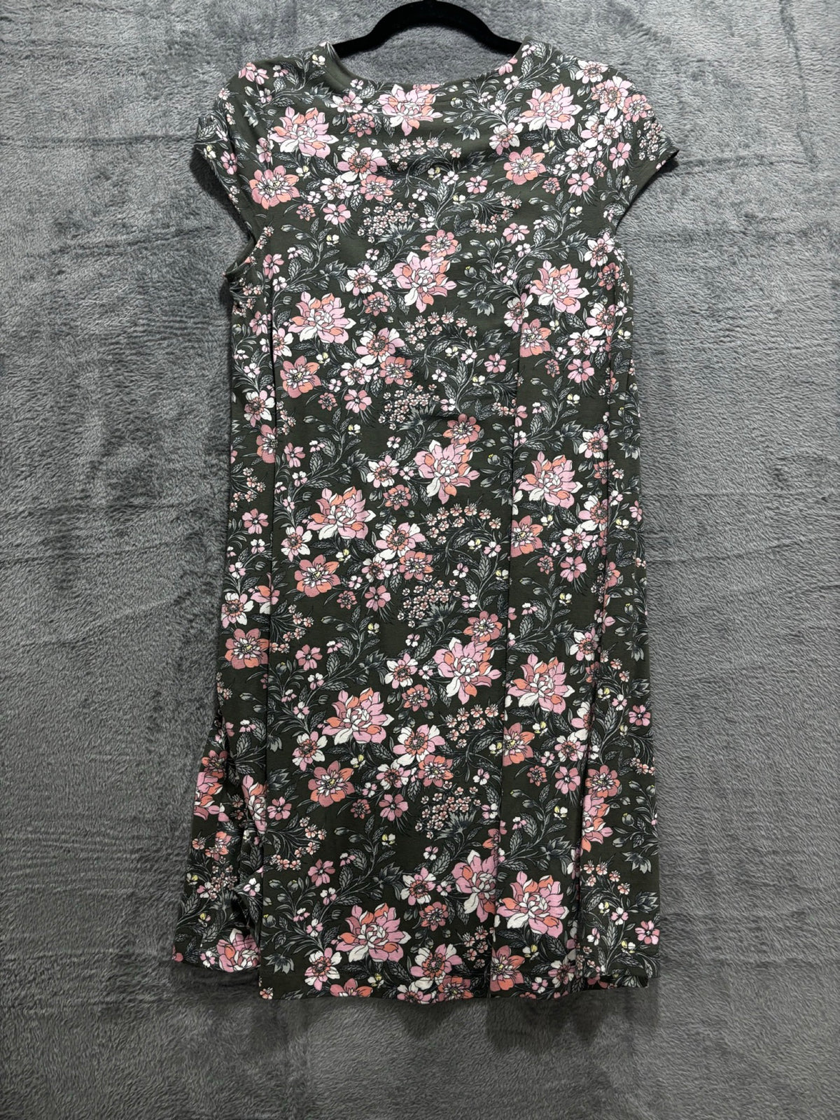 LOFT Womens S Green Pink Floral Short Sleeve Swing Mini Dress Boho Casual Cozy