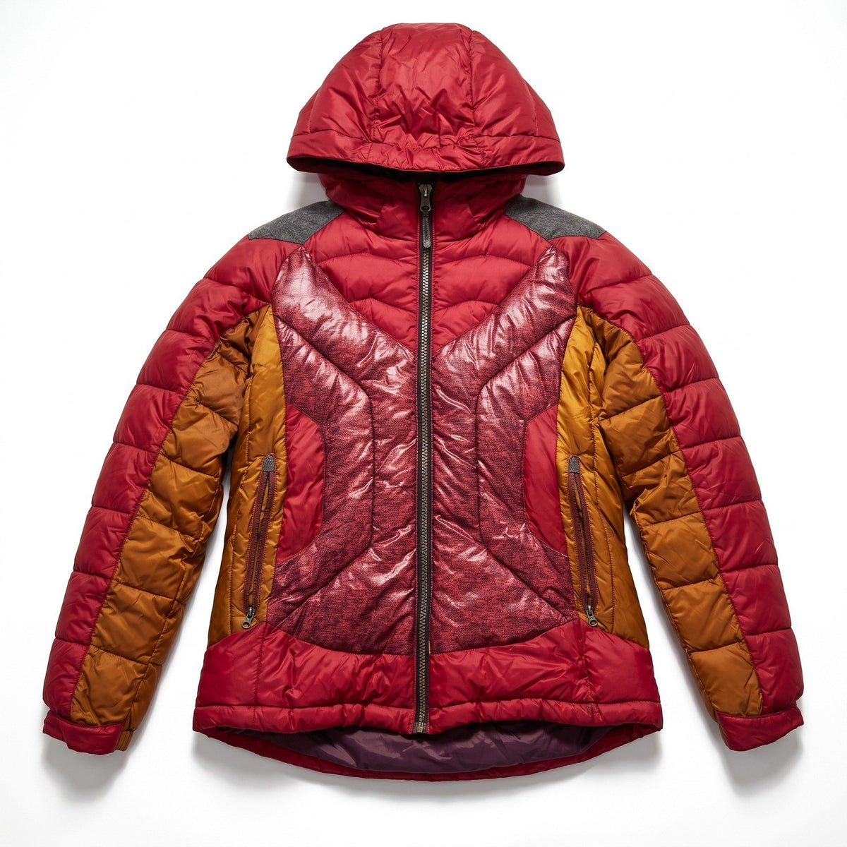Autobahn Womens Burgundy Rust Color Block Hooded Puffer Jacket Size Not Tagged