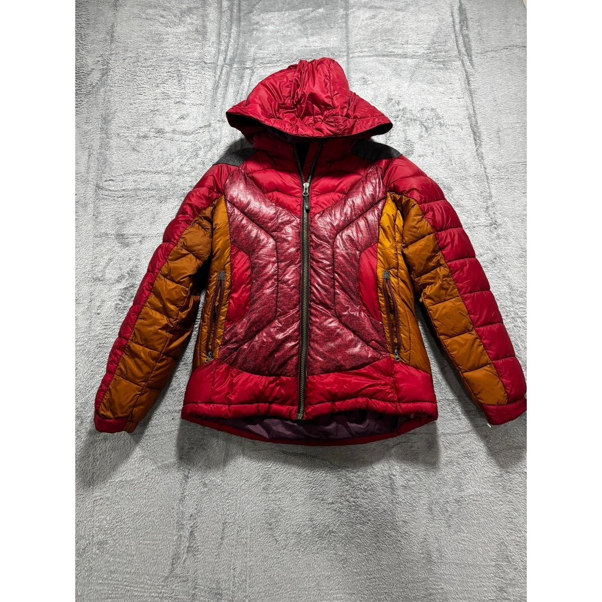 Autobahn Womens Burgundy Rust Color Block Hooded Puffer Jacket Size Not Tagged