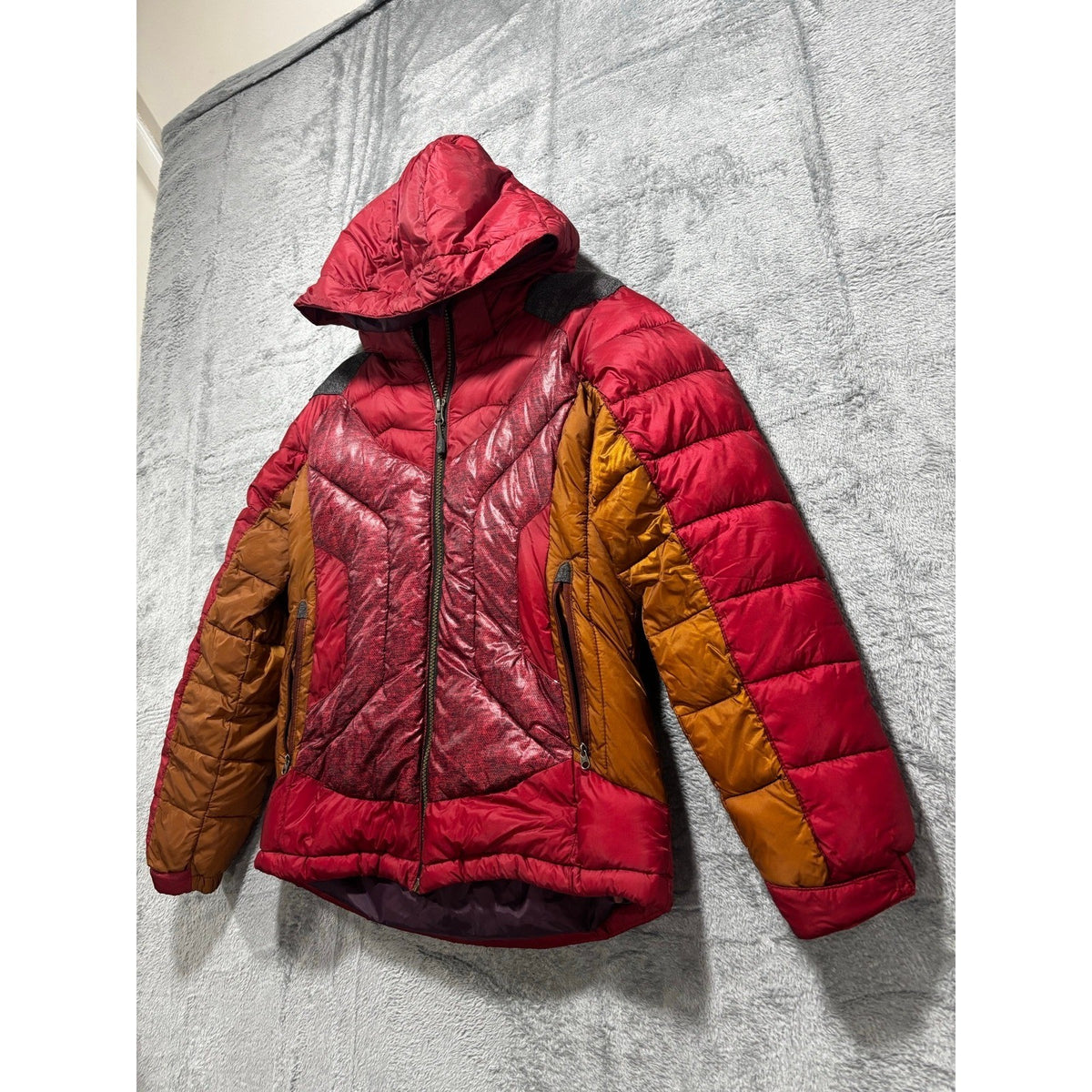 Autobahn Womens Burgundy Rust Color Block Hooded Puffer Jacket Size Not Tagged
