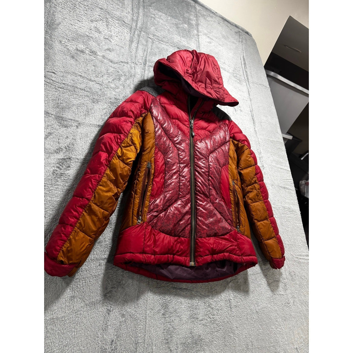 Autobahn Womens Burgundy Rust Color Block Hooded Puffer Jacket Size Not Tagged