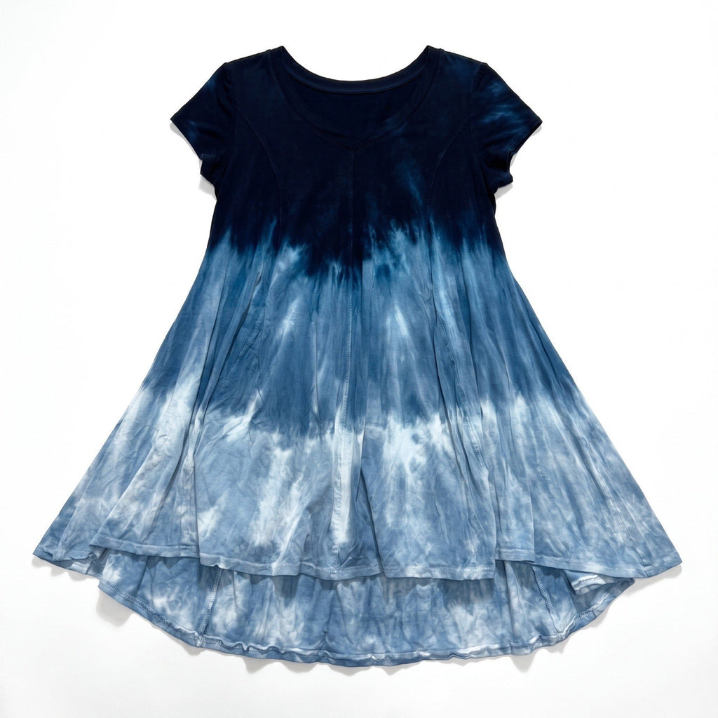 Raya Sun S Navy Blue Tie Dye Short Sleeve High Low Dress Womens Boho Casual