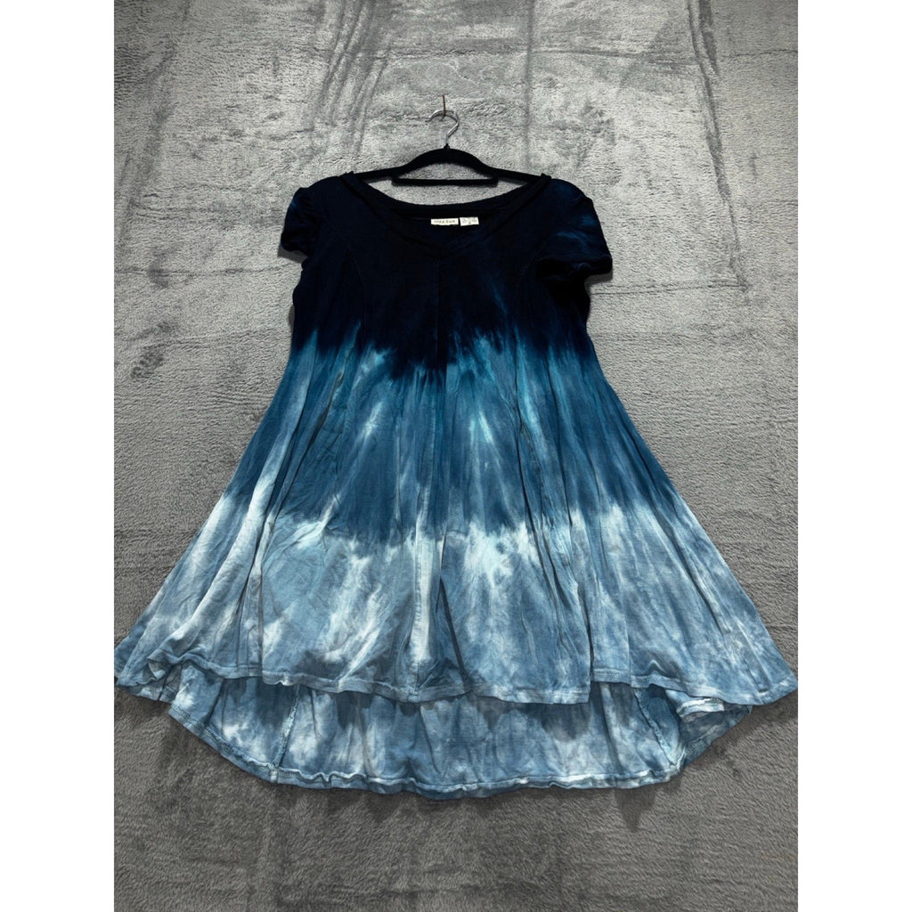 Raya Sun S Navy Blue Tie Dye Short Sleeve High Low Dress Womens Boho Casual
