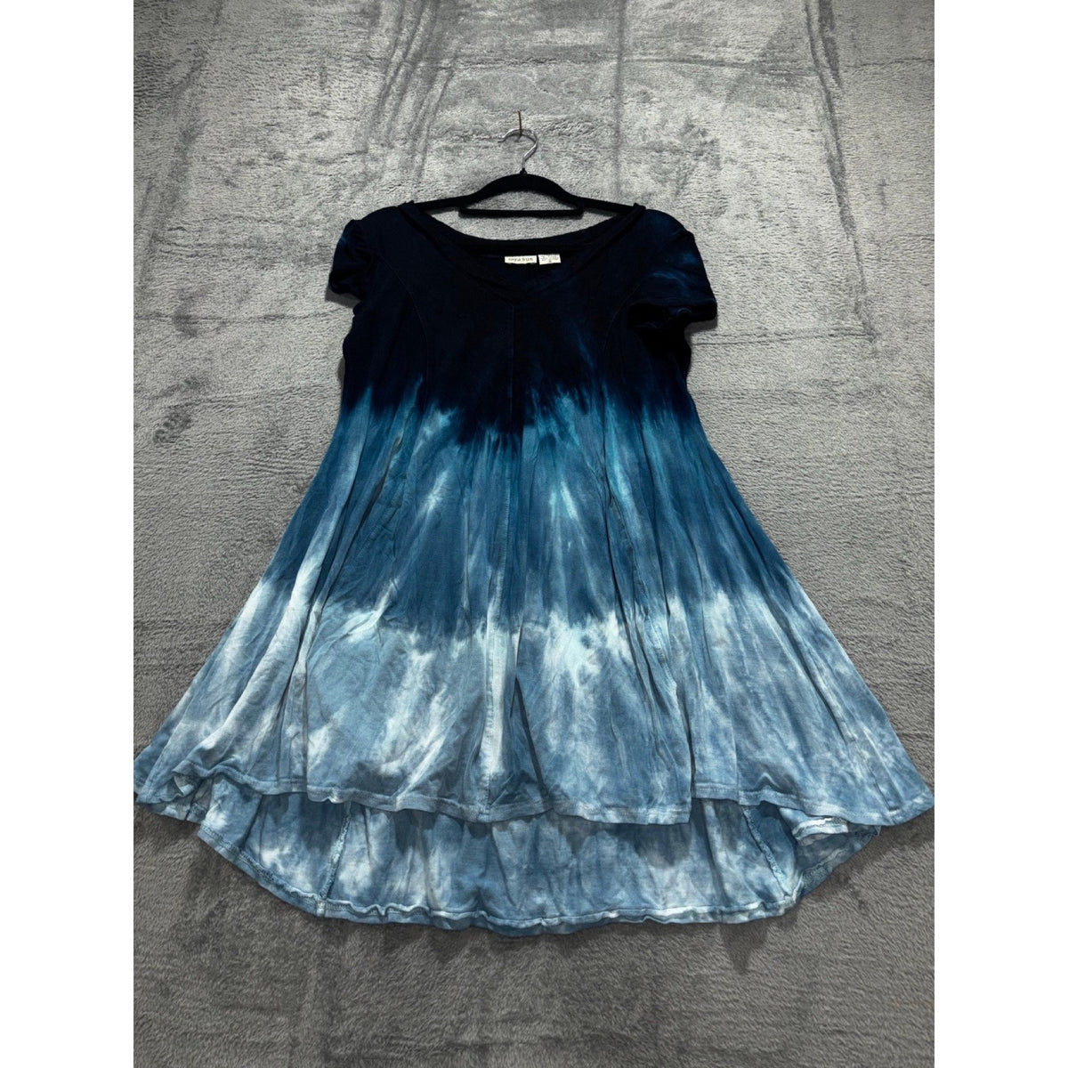 Raya Sun S Navy Blue Tie Dye Short Sleeve High Low Dress Womens Boho Casual