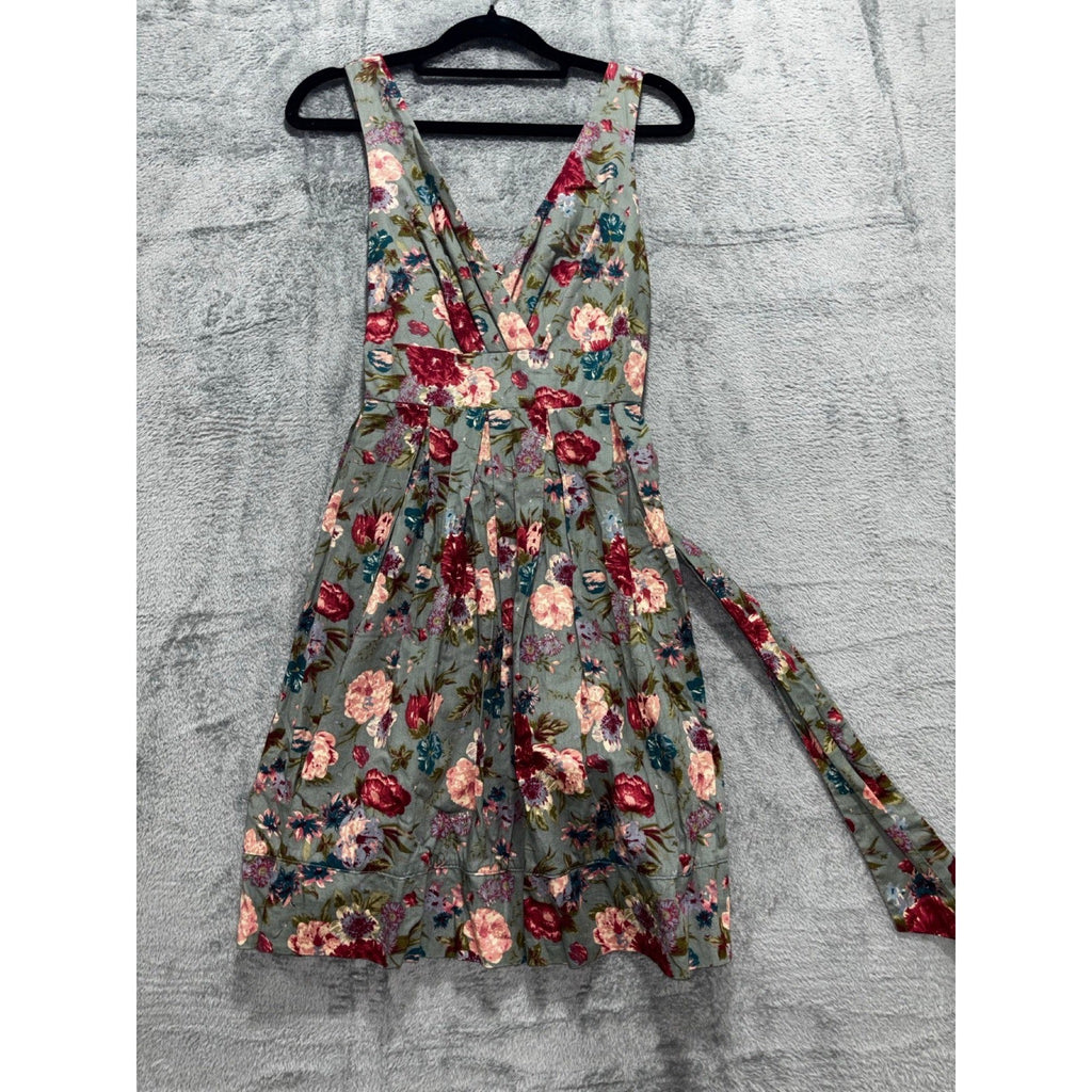 XXI Womens S Sage Green Floral Sleeveless V Neck Sundress Tie Sash Boho Dress