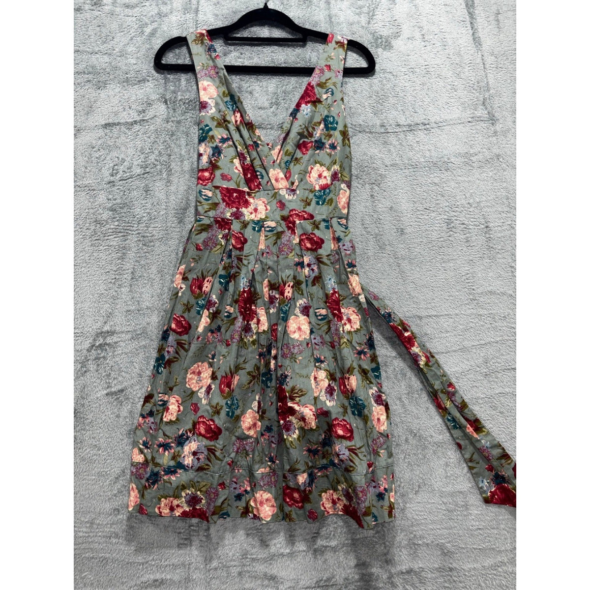 XXI Womens S Sage Green Floral Sleeveless V Neck Sundress Tie Sash Boho Dress