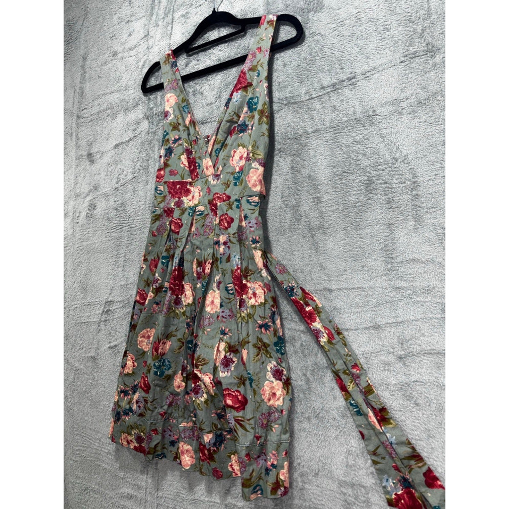 XXI Womens S Sage Green Floral Sleeveless V Neck Sundress Tie Sash Boho Dress