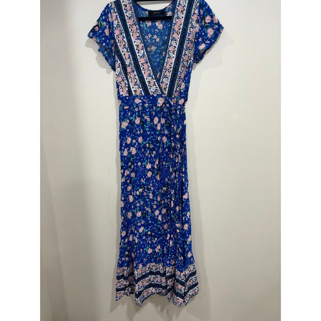 Zesica S Blue Floral Wrap Maxi Dress Womens Boho Casual Short Sleeve
