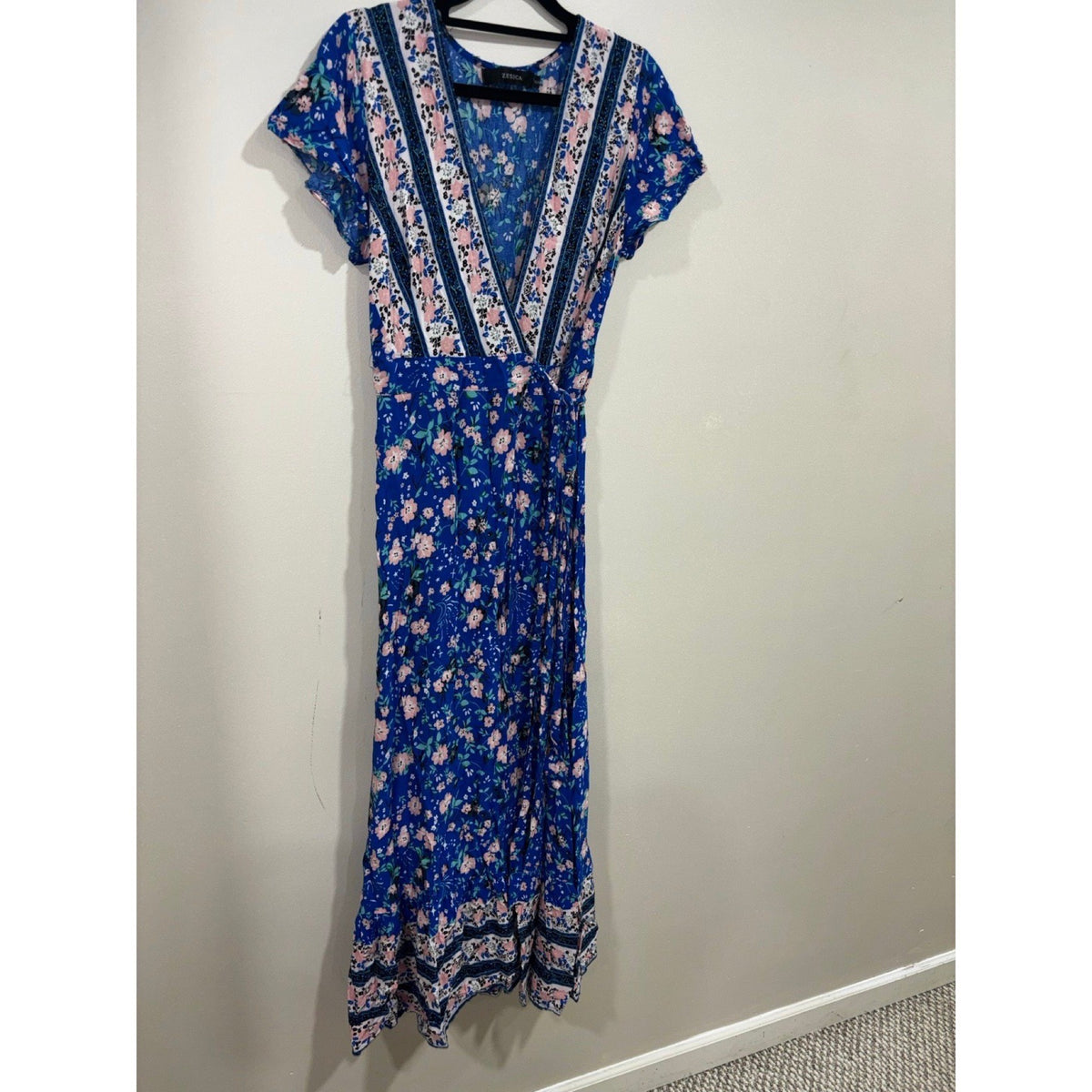 Zesica S Blue Floral Wrap Maxi Dress Womens Boho Casual Short Sleeve