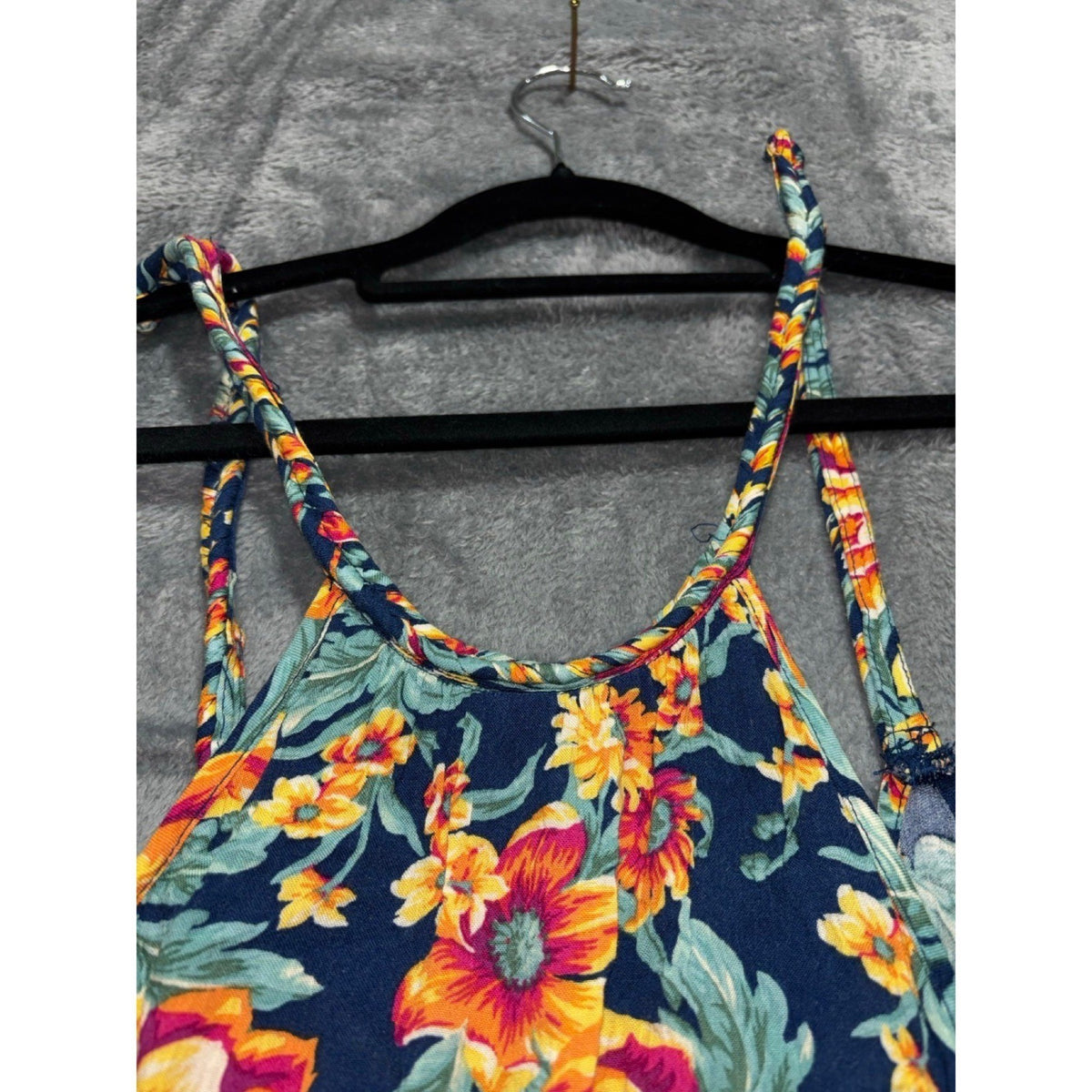 American Eagle Womens SM LONG Navy Floral Braided Halter Sundress Boho