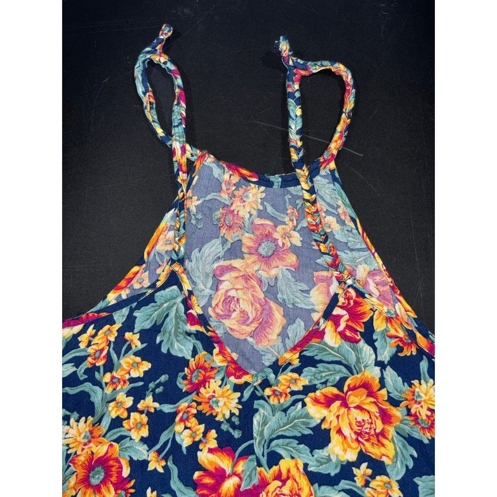 American Eagle Womens SM LONG Navy Floral Braided Halter Sundress Boho