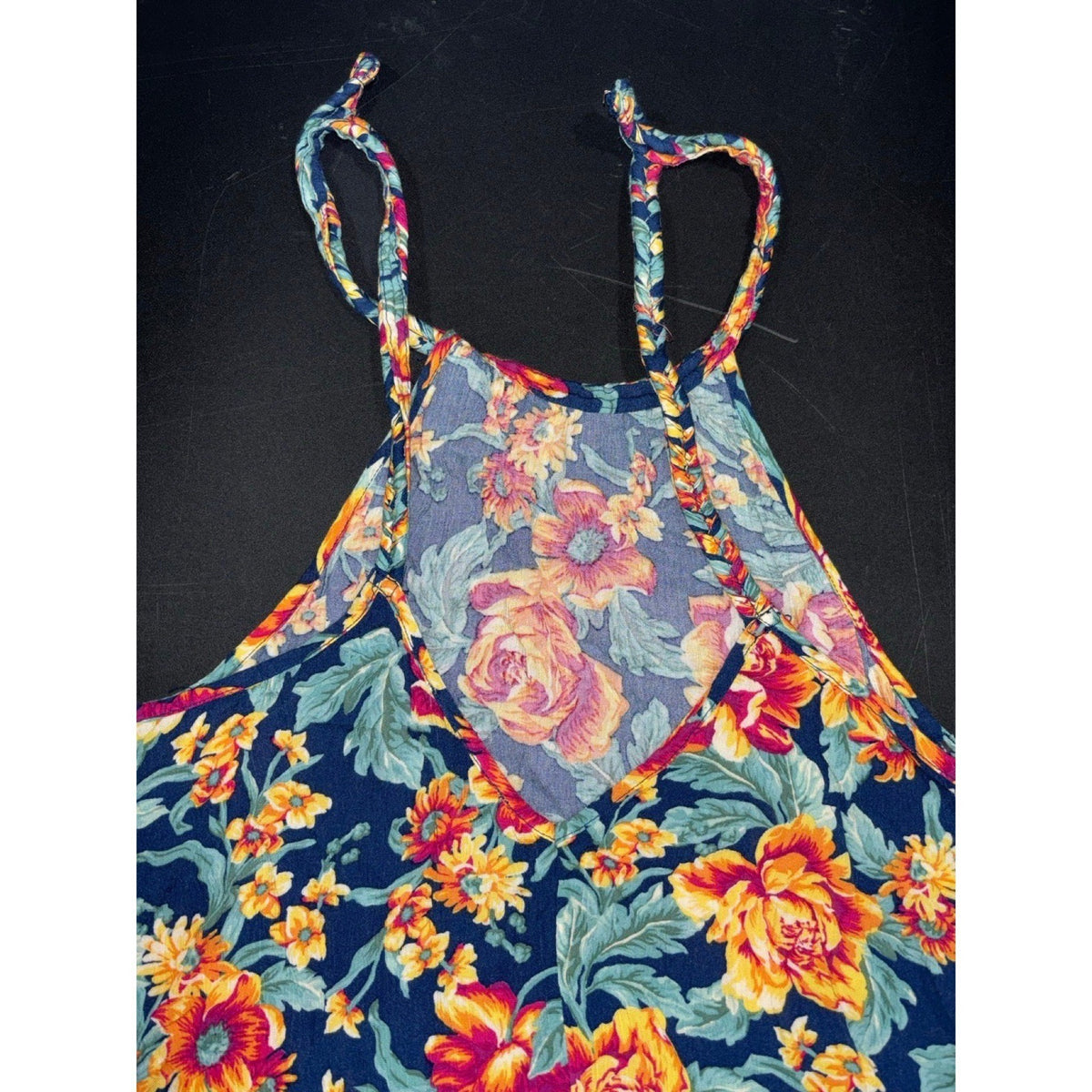 American Eagle Womens SM LONG Navy Floral Braided Halter Sundress Boho