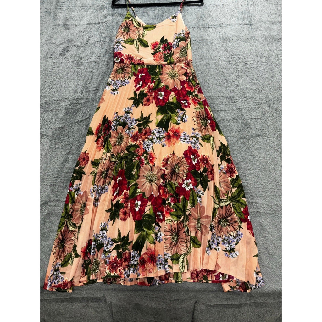 Leith XS Peach Floral Pleated Spaghetti Strap Maxi Dress Womens Boho Casual