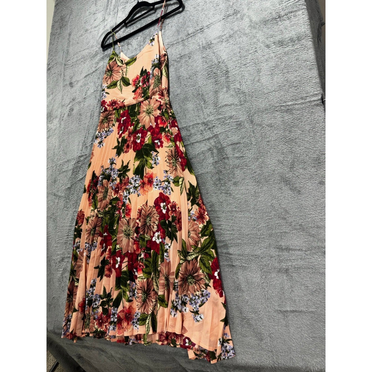 Leith XS Peach Floral Pleated Spaghetti Strap Maxi Dress Womens Boho Casual