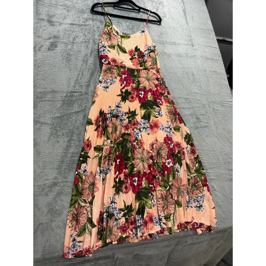 Leith XS Peach Floral Pleated Spaghetti Strap Maxi Dress Womens Boho Casual
