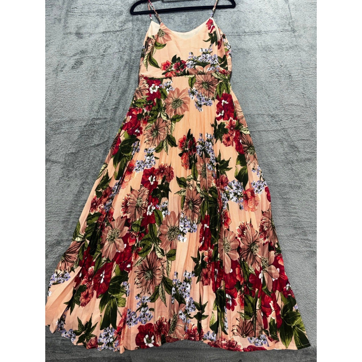 Leith XS Peach Floral Pleated Spaghetti Strap Maxi Dress Womens Boho Casual