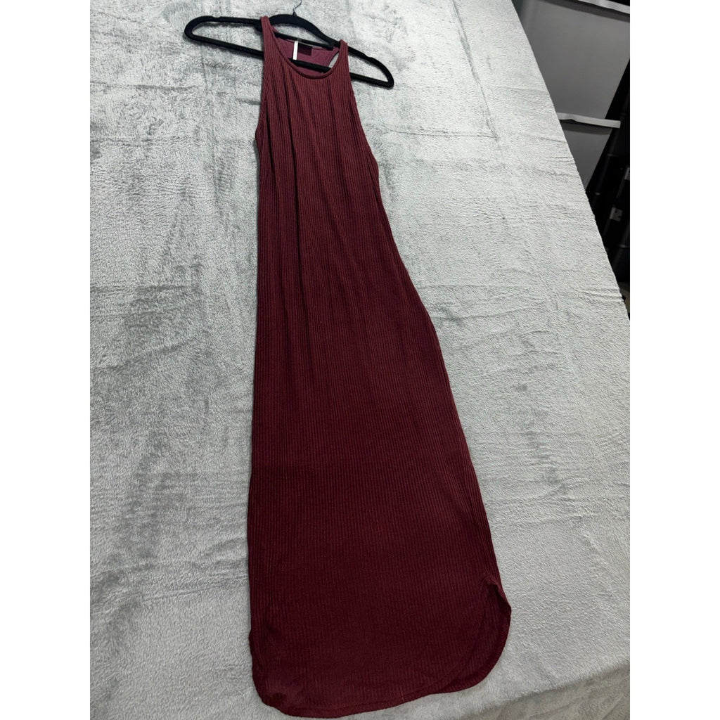 Sparkle & Fade S Burgundy Ribbed Halter Maxi Dress Womens Casual Boho