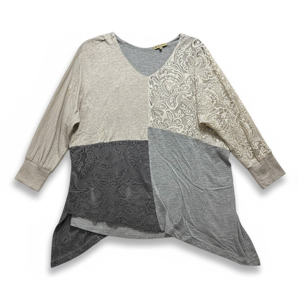 Democracy S Gray Patchwork Lace V-Neck Tunic Top Womens Boho Casual Cozy