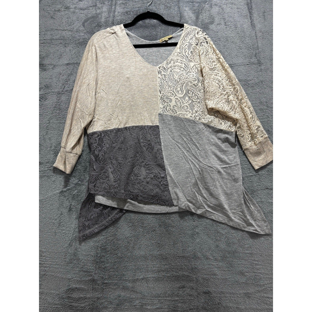 Democracy S Gray Patchwork Lace V-Neck Tunic Top Womens Boho Casual Cozy
