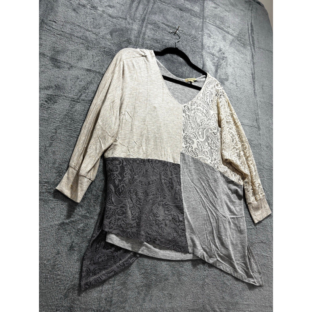 Democracy S Gray Patchwork Lace V-Neck Tunic Top Womens Boho Casual Cozy