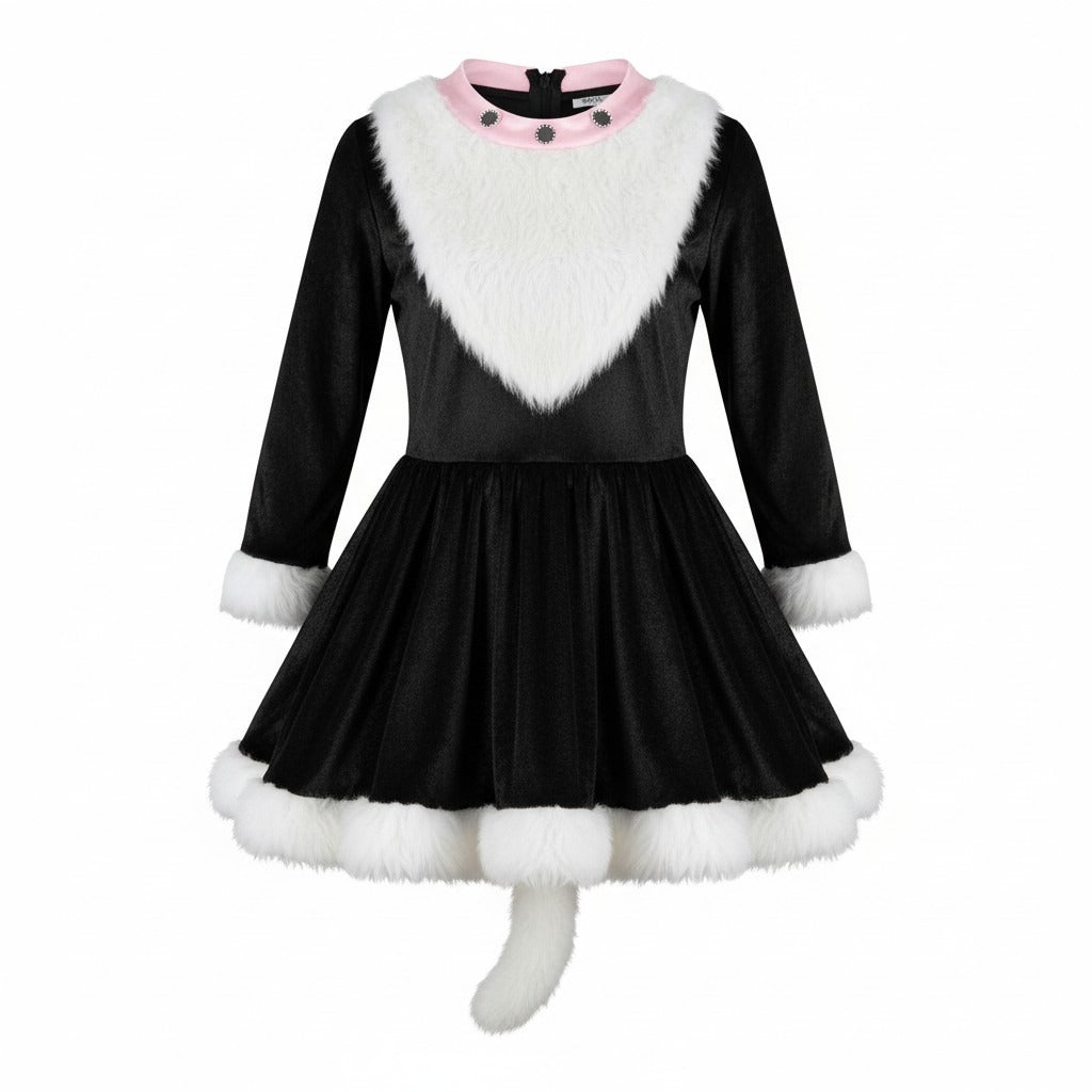 3T Black White Pink Faux Fur Trim Skunk Costume Dress Kids Casual Cozy