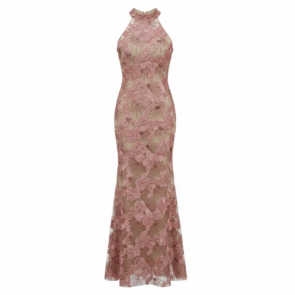Fashion Nova Womens XS Pink Floral Sequin Lace Maxi Gown Festival Glam
