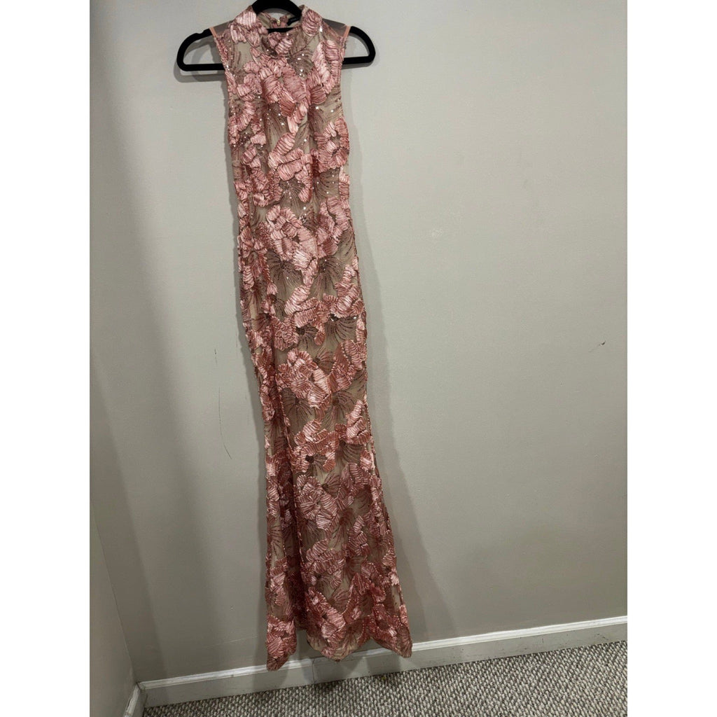 Fashion Nova Womens XS Pink Floral Sequin Lace Maxi Gown Festival Glam