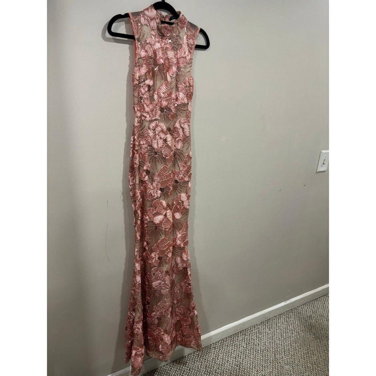 Fashion Nova Womens XS Pink Floral Sequin Lace Maxi Gown Festival Glam