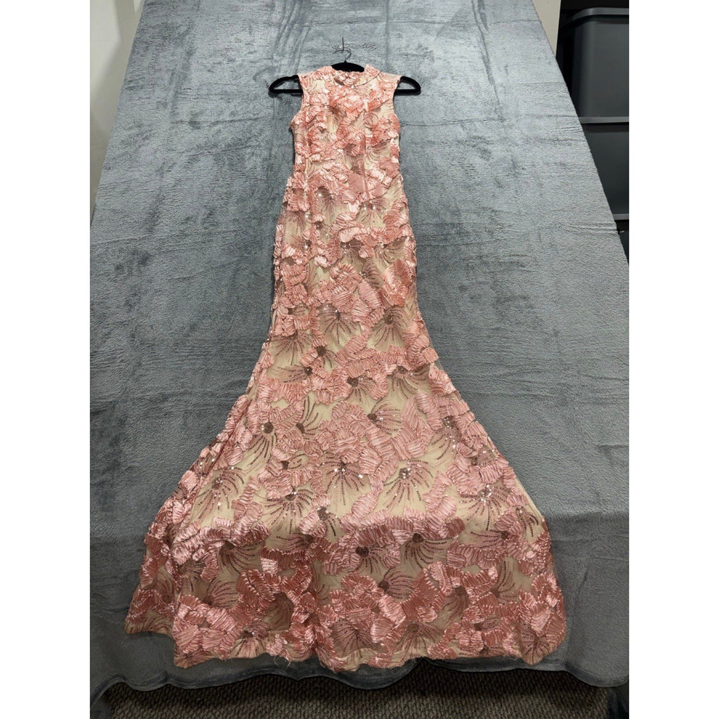 Fashion Nova Womens XS Pink Floral Sequin Lace Maxi Gown Festival Glam