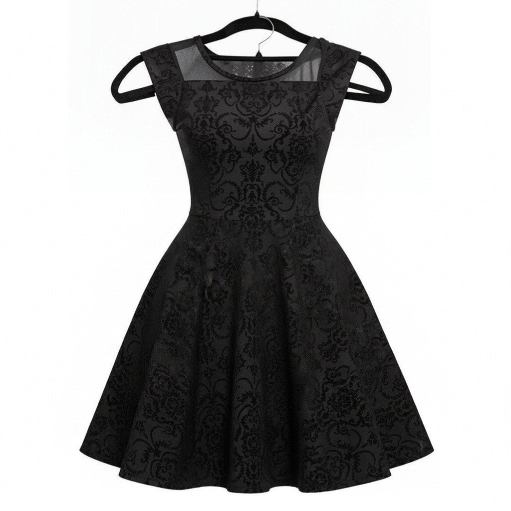 B Tween Girls 14/16 Black Damask Flocked Fit and Flare Dress Sleeveless Party