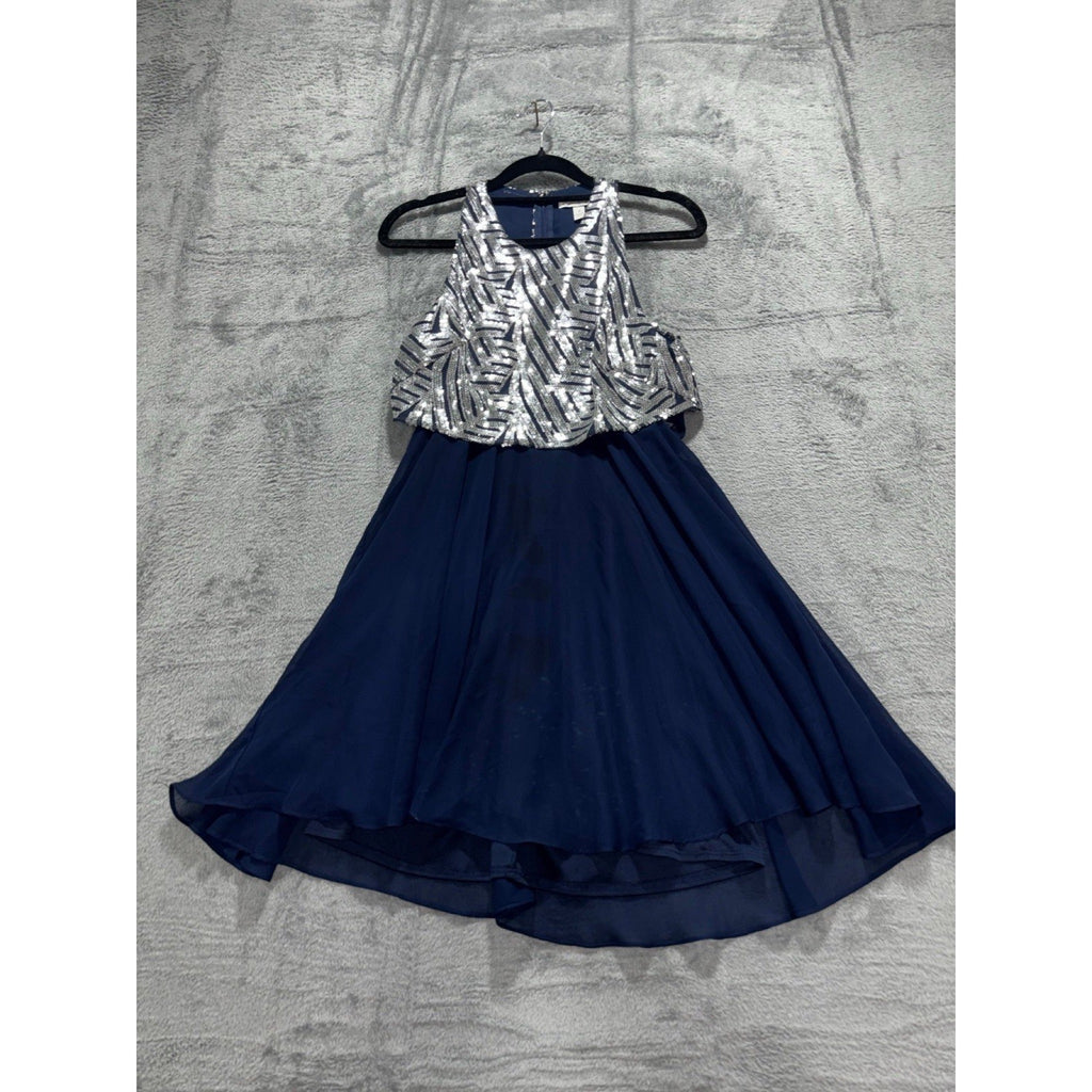 Speechless Womens 3 Navy Blue Silver Sequin Halter Fit & Flare Dress