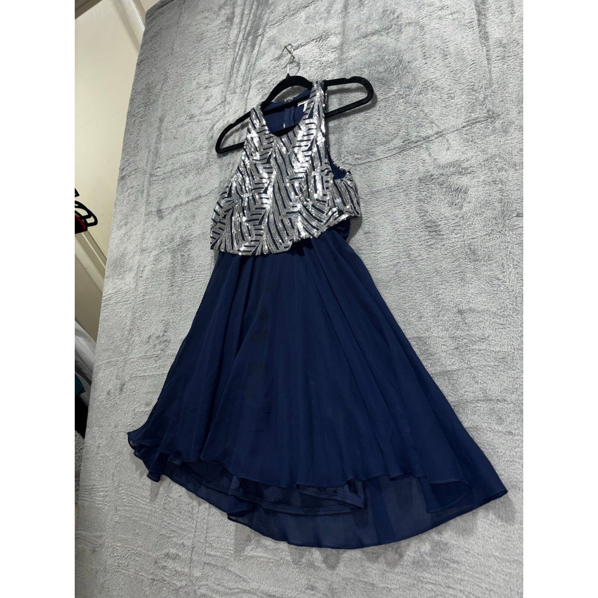 Speechless Womens 3 Navy Blue Silver Sequin Halter Fit & Flare Dress